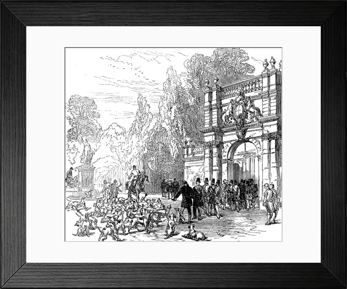 Framed Print : At Trentham: inspecting a pack of English foxhounds, 1873. Creator: Unknown Framed Print : At Trentham: inspecting a pack of English foxhounds, 1873. Creator: Unknown