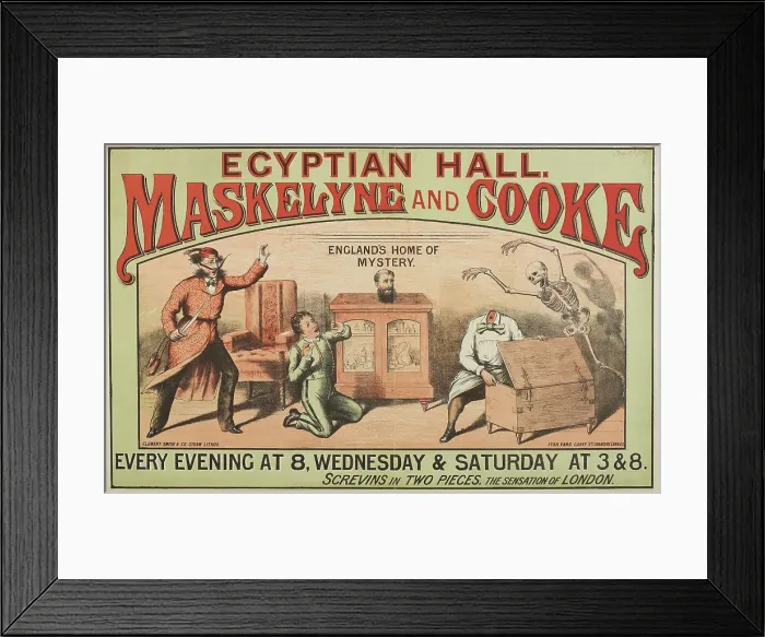 Framed Print : Egyptian Hall - Maskelyne and Cooke - England's Home of Mystery, Screvins in Two Pieces, 1880. Creator: Unknown. Egyptian Hall - Maskelyne and Cooke - England's Home of Mystery, Screvins in Two Pieces, 1880. Creator: Unknown Framed Print : Egyptian Hall - Maskelyne and Cooke - England's Home of Mystery, Screvins in Two Pieces, 1880. Creator: Unknown. Egyptian Hall - Maskelyne and Cooke - England's Home of Mystery, Screvins in Two Pieces, 1880. Creator: Unknown