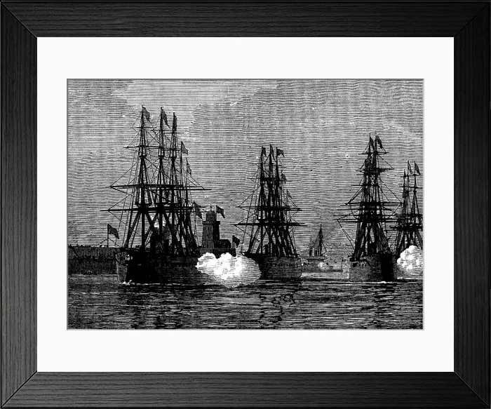 Framed Print : The Ironclad Squadron saluting at the Holyhead breakwater, 1873. Creator: Unknown Framed Print : The Ironclad Squadron saluting at the Holyhead breakwater, 1873. Creator: Unknown