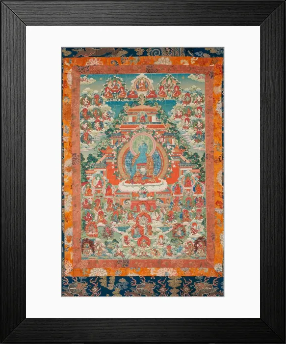 Framed Print : Devotional hanging depicting Medicine Buddha (Bhai?ajyaguru) and Buddhist deities, 1750-1800. Creator: Unknown Framed Print : Devotional hanging depicting Medicine Buddha (Bhai?ajyaguru) and Buddhist deities, 1750-1800. Creator: Unknown