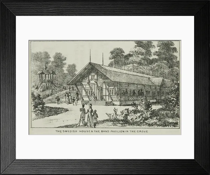 Framed Print : The Swedish House and the Band Pavilion in the Grove at Alexandra Palace, 19th century. Creator: Unknown Framed Print : The Swedish House and the Band Pavilion in the Grove at Alexandra Palace, 19th century. Creator: Unknown