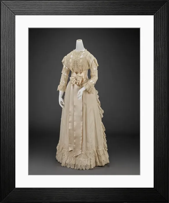 Framed Print : Wedding Dress (Skirt, Bodice, Petticoat, Two Sleeves, Two Mitts, Sash, Bow, Waist Piece), 1898. Creator: Unknown Framed Print : Wedding Dress (Skirt, Bodice, Petticoat, Two Sleeves, Two Mitts, Sash, Bow, Waist Piece), 1898. Creator: Unknown