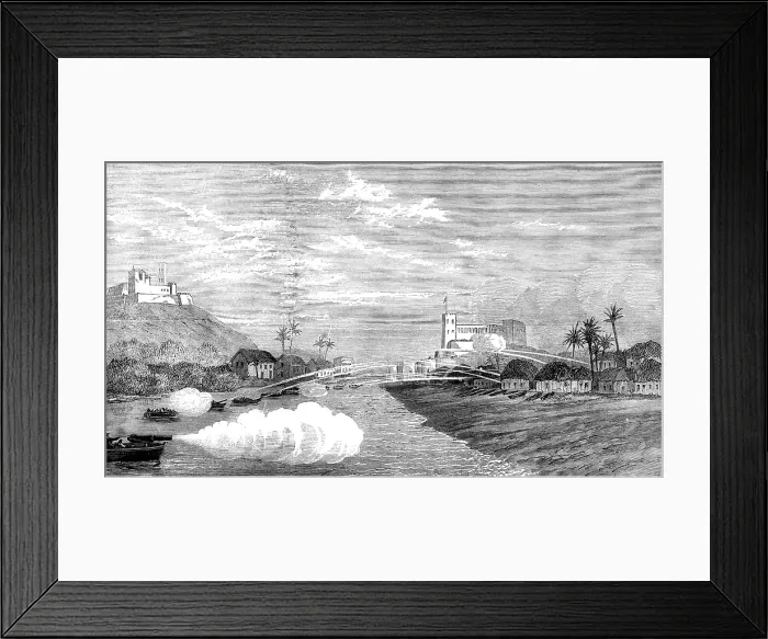 Framed Print : The Ashantee War: bombardment of the town of Elmina, 1873. Creator: Unknown Framed Print : The Ashantee War: bombardment of the town of Elmina, 1873. Creator: Unknown