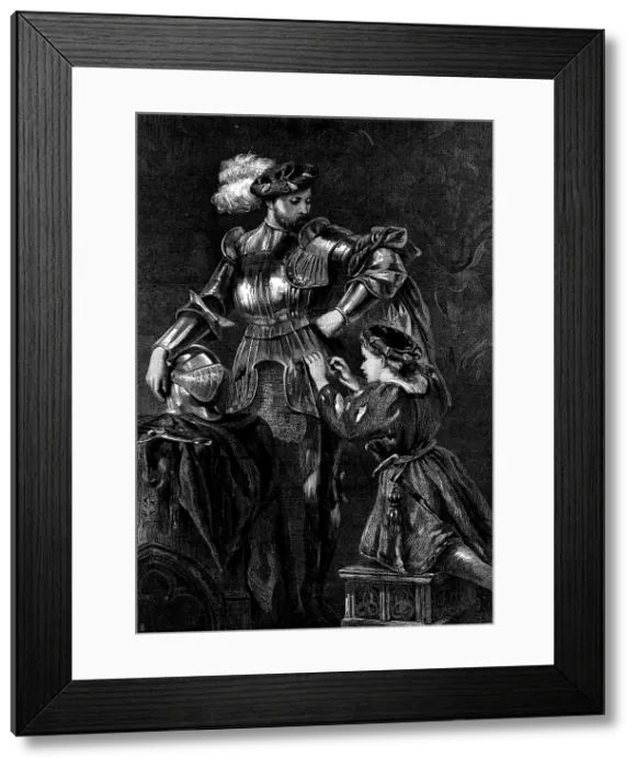 Framed Print : A Knight Arming, by Sir John Gilbert; Exhibition of the Society of Painters in Water Colours, 1873 Creator: Unknown Framed Print : A Knight Arming, by Sir John Gilbert; Exhibition of the Society of Painters in Water Colours, 1873 Creator: Unknown