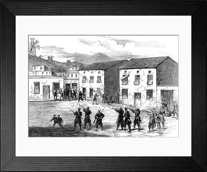 Framed Print : The Civil War in Spain: Carabiniers resisting the Carthagena insurgents at Aguilas, 1873. Creator: Unknown Framed Print : The Civil War in Spain: Carabiniers resisting the Carthagena insurgents at Aguilas, 1873. Creator: Unknown