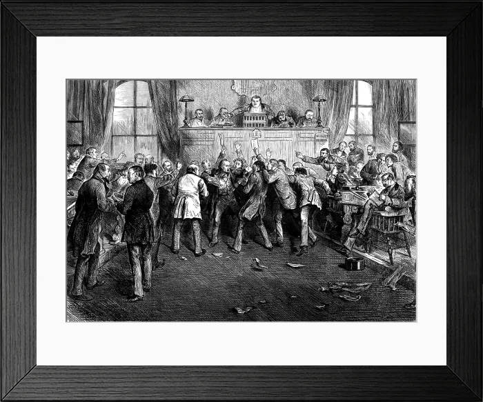 Framed Print : The Money Market Panic in America: scene at the Stock Exchange, San Francisco, 1873. Creator: Joseph Swain Framed Print : The Money Market Panic in America: scene at the Stock Exchange, San Francisco, 1873. Creator: Joseph Swain