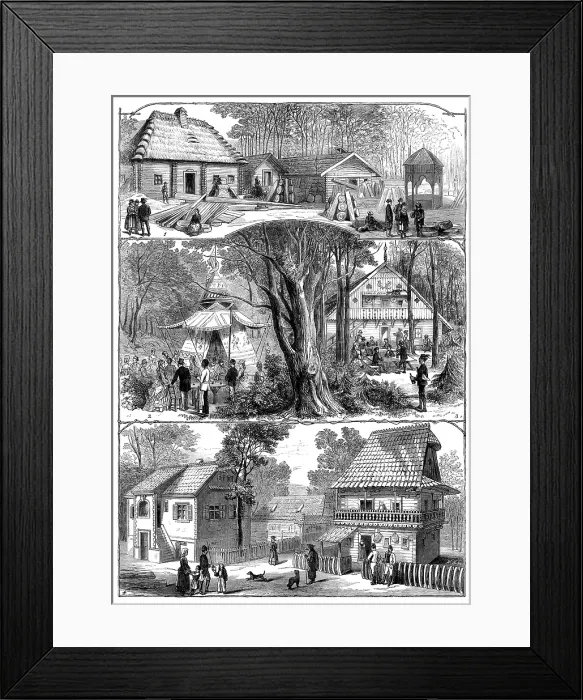 Framed Print : The Vienna Exhibition: 1. Styrian Alpine Hut. 2. Indian Wigwam. 3. Styrian Winehouse... 1873. Creator: Unknown Framed Print : The Vienna Exhibition: 1. Styrian Alpine Hut. 2. Indian Wigwam. 3. Styrian Winehouse... 1873. Creator: Unknown