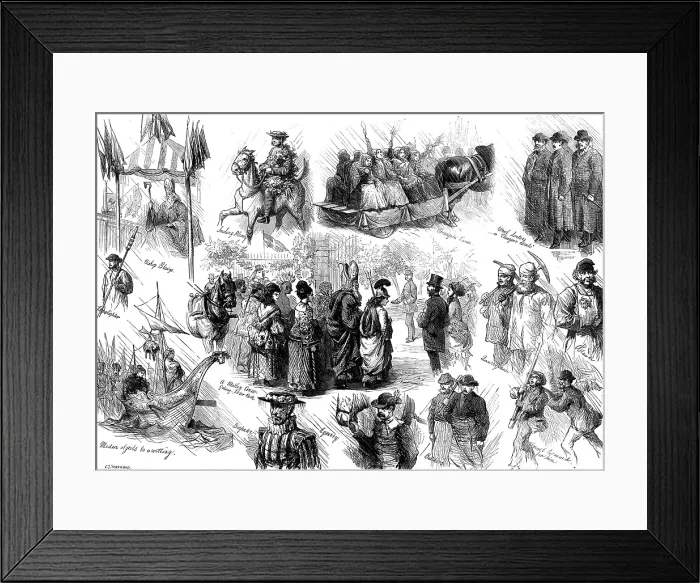 Framed Print : Opening of the new townhall at Bradford: sketches in the streets, 1873. Creator: Charles Joseph Staniland Framed Print : Opening of the new townhall at Bradford: sketches in the streets, 1873. Creator: Charles Joseph Staniland