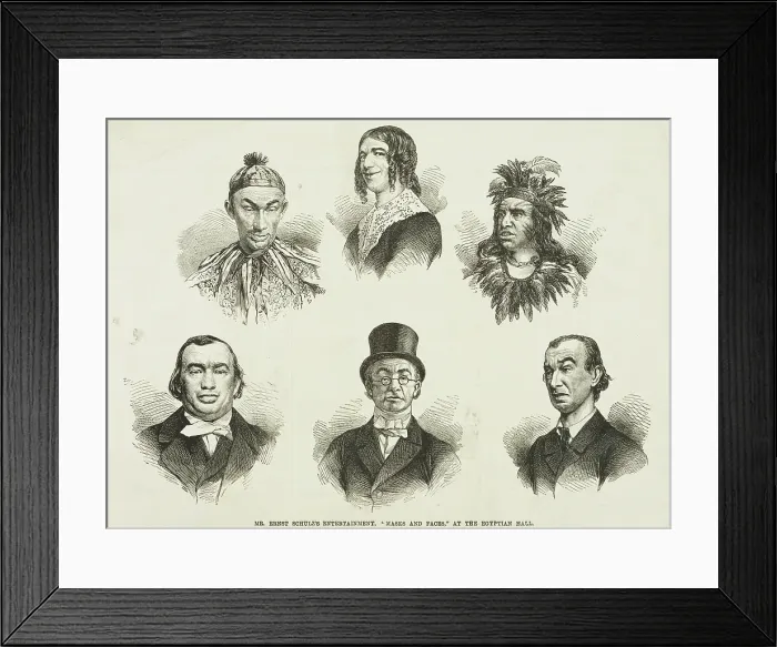 Framed Print : Mr. Ernst Schulz's Entertainment, Masks and Faces at the Egyptian Hall, 1867. Creator: Unknown. Mr. Ernst Schulz's Entertainment, Masks and Faces at the Egyptian Hall, 1867. Creator: Unknown Framed Print : Mr. Ernst Schulz's Entertainment, Masks and Faces at the Egyptian Hall, 1867. Creator: Unknown. Mr. Ernst Schulz's Entertainment, Masks and Faces at the Egyptian Hall, 1867. Creator: Unknown