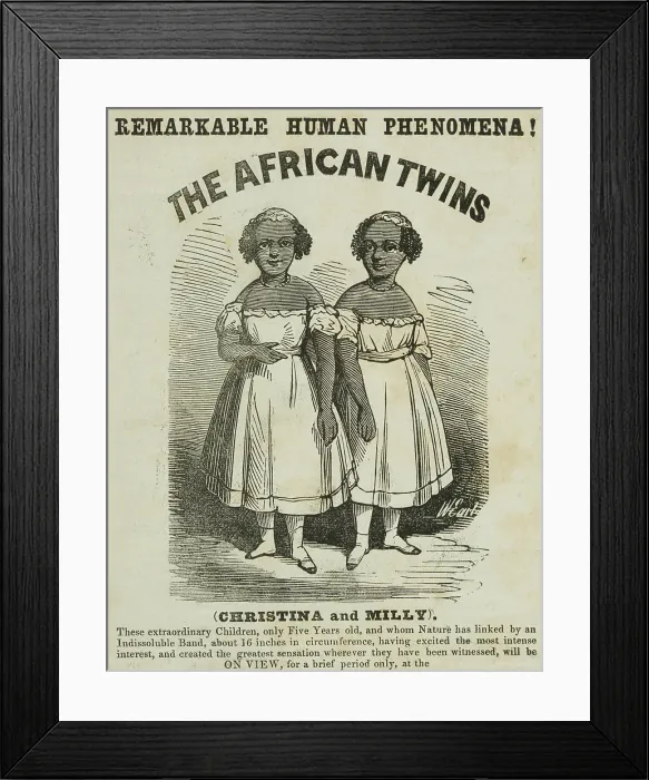 Framed Print : Advertisement for exhibition featuring The African Twins at Egyptian Hall, Piccadilly, 1855. Creator: Unknown Framed Print : Advertisement for exhibition featuring The African Twins at Egyptian Hall, Piccadilly, 1855. Creator: Unknown
