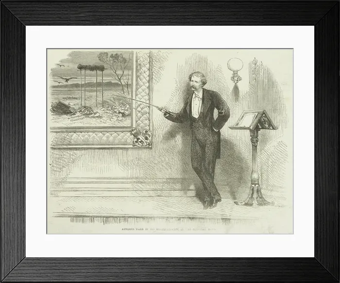 Framed Print : Artemus Ward in his entertainment at the Egyptian Hall, 1866. Creator: Unknown Framed Print : Artemus Ward in his entertainment at the Egyptian Hall, 1866. Creator: Unknown
