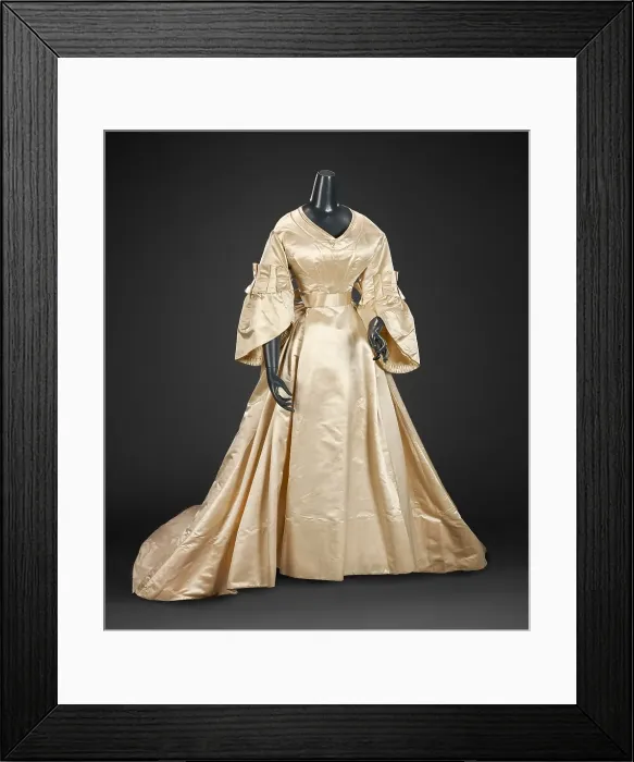 Framed Print : Wedding Dress (Skirt, Bodice, Peplum, Pair of Gloves), about 1870. Creator: Unknown Framed Print : Wedding Dress (Skirt, Bodice, Peplum, Pair of Gloves), about 1870. Creator: Unknown