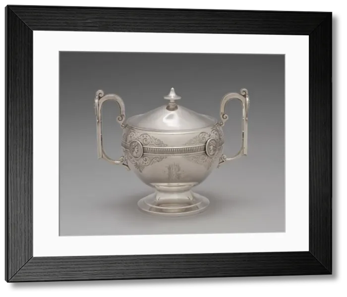 Framed Print : Sugar bowl with lid for the Medallion pattern tea and coffee service, 1864-1867. Creators: George Wilkinson, Gorham Manufacturing Company, J.E. Caldwell & Co Framed Print : Sugar bowl with lid for the Medallion pattern tea and coffee service, 1864-1867. Creators: George Wilkinson, Gorham Manufacturing Company, J.E. Caldwell & Co