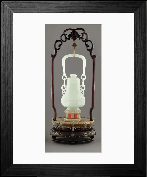 Framed Print : Swing handle vase with mask design on wooden stand, 19th century. Creator: Unknown Framed Print : Swing handle vase with mask design on wooden stand, 19th century. Creator: Unknown