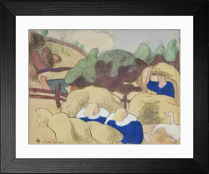 Framed Print : Femmes faisant les foins (Women Making Haystacks), 1889. Creator: Emile Bernard