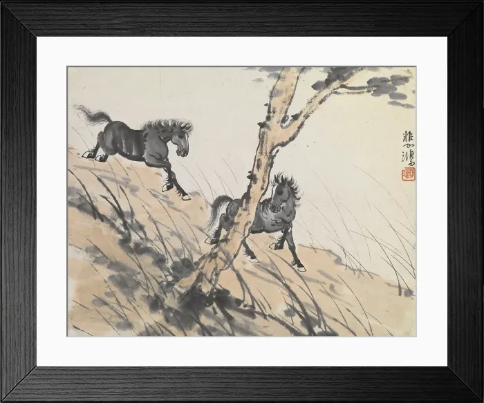 Framed Print : Two horses on hillside, early 1900s. Creator: Xu Beihong Framed Print : Two horses on hillside, early 1900s. Creator: Xu Beihong