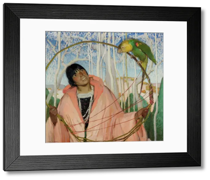 Framed Print : Indian Girl with Parrot and Hoop, about 1922. Creator: Victor Higgins Framed Print : Indian Girl with Parrot and Hoop, about 1922. Creator: Victor Higgins