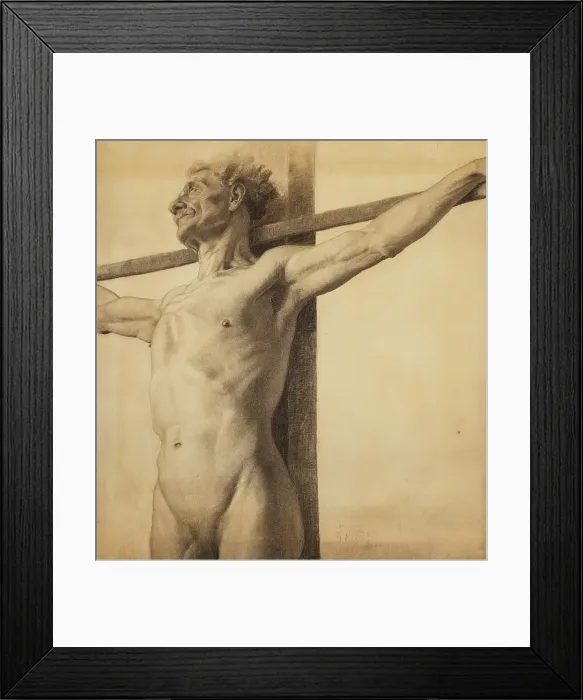 Framed Print : Half-length nude model with his arms extended on a cross, 1881. Creator: Theodore Clement Steele Framed Print : Half-length nude model with his arms extended on a cross, 1881. Creator: Theodore Clement Steele