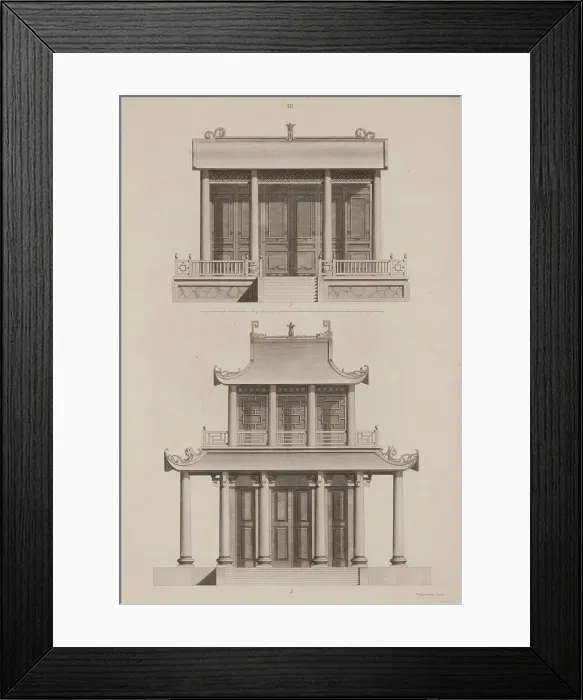 Framed Print : Plate III, Designs of Buildings, Furniture, Clothes, Machinery, and Implements of the Chinese, 1757. Creator: William Chambers Framed Print : Plate III, Designs of Buildings, Furniture, Clothes, Machinery, and Implements of the Chinese, 1757. Creator: William Chambers