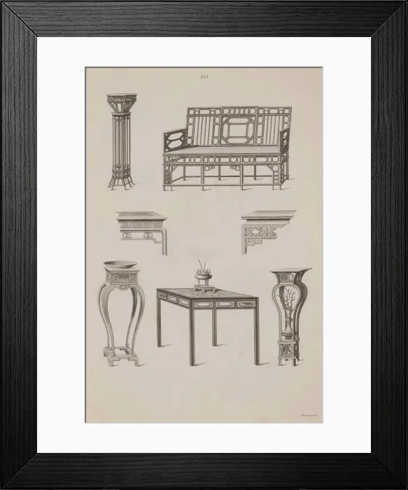 Framed Print : Plate XIV, Designs of Buildings, Furniture, Clothes, Machinery, and Implements of the Chinese, 1757. Creator: William Chambers Framed Print : Plate XIV, Designs of Buildings, Furniture, Clothes, Machinery, and Implements of the Chinese, 1757. Creator: William Chambers