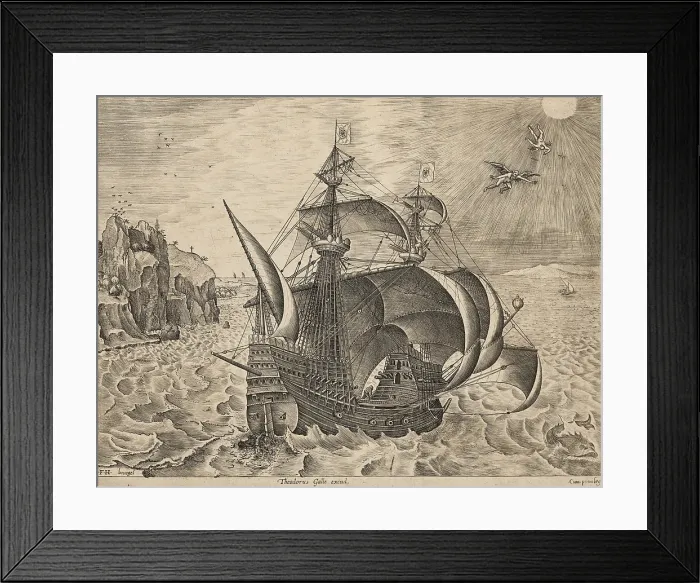 Framed Print : Man-of-War with the Fall of Icarus, about 1560. Creator: Frans Huys Framed Print : Man-of-War with the Fall of Icarus, about 1560. Creator: Frans Huys