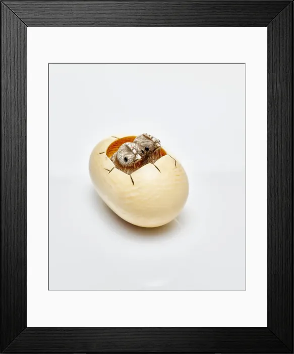 Framed Print : Netsuke (two chicks hatching from egg), 19th century. Creator: Ohara Mitsuhiro