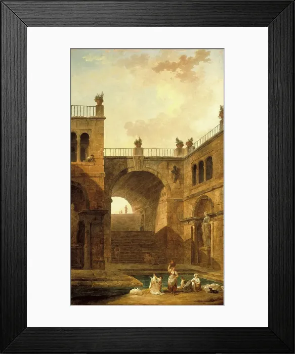 Framed Print : Architectural Scene with Women Washing Clothes at a Pool, 1799. Creator: Hubert Robert Framed Print : Architectural Scene with Women Washing Clothes at a Pool, 1799. Creator: Hubert Robert