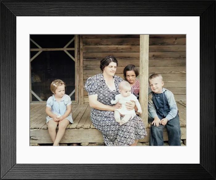 Framed Print : Wife and children of tobacco sharecropper on front porch, Person County, North Carolina, 1939. Creator: Dorothea Lange Framed Print : Wife and children of tobacco sharecropper on front porch, Person County, North Carolina, 1939. Creator: Dorothea Lange