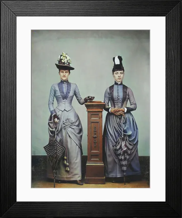Framed Print : Studio Portrait of Two Women Holding Folded Parasols, ca. 1885. Creator: Unknown Framed Print : Studio Portrait of Two Women Holding Folded Parasols, ca. 1885. Creator: Unknown