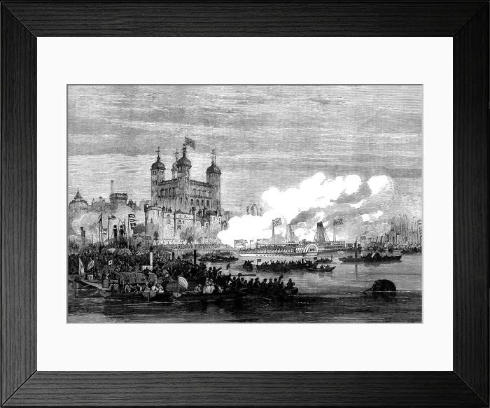 Framed Print : The Shah on the Thames: embarking at the Tower for the West India Dock and Greenwich, 1873. Creator: Unknown Framed Print : The Shah on the Thames: embarking at the Tower for the West India Dock and Greenwich, 1873. Creator: Unknown