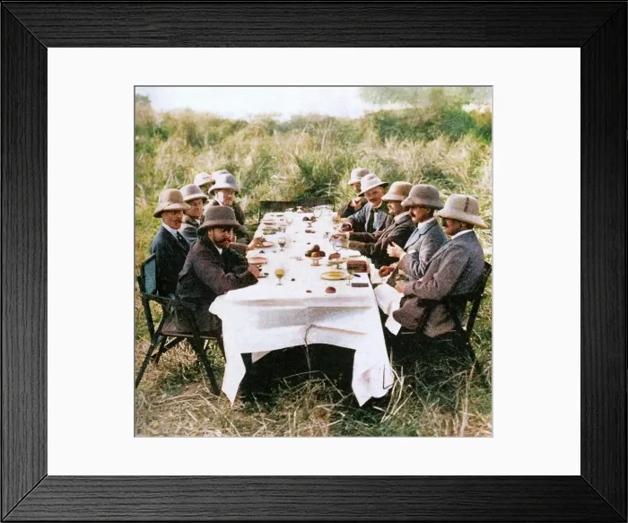 Framed Print : King George V (1865-1936) having lunch after tiger hunting in Nepal, 1911 (1936). Creator: Unknown Framed Print : King George V (1865-1936) having lunch after tiger hunting in Nepal, 1911 (1936). Creator: Unknown