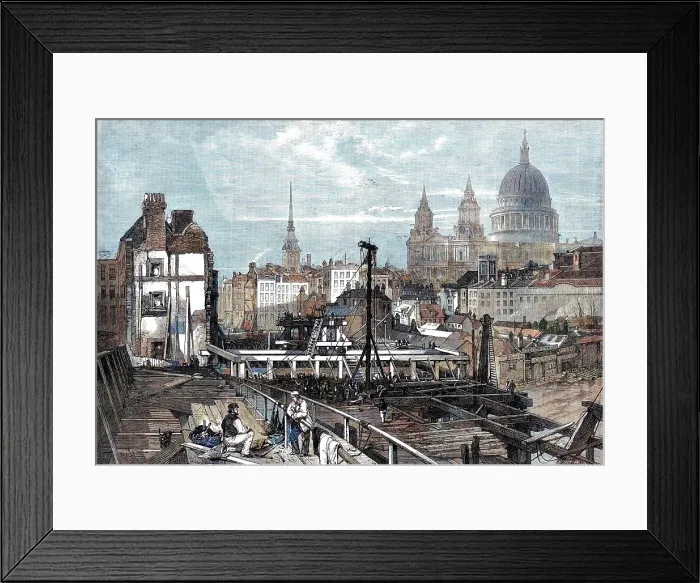 Framed Print : The railway works at Blackfriars and opening towards Ludgate Hill...from the temporary bridge, 1864. Creator: Mason Jackson Framed Print : The railway works at Blackfriars and opening towards Ludgate Hill...from the temporary bridge, 1864. Creator: Mason Jackson