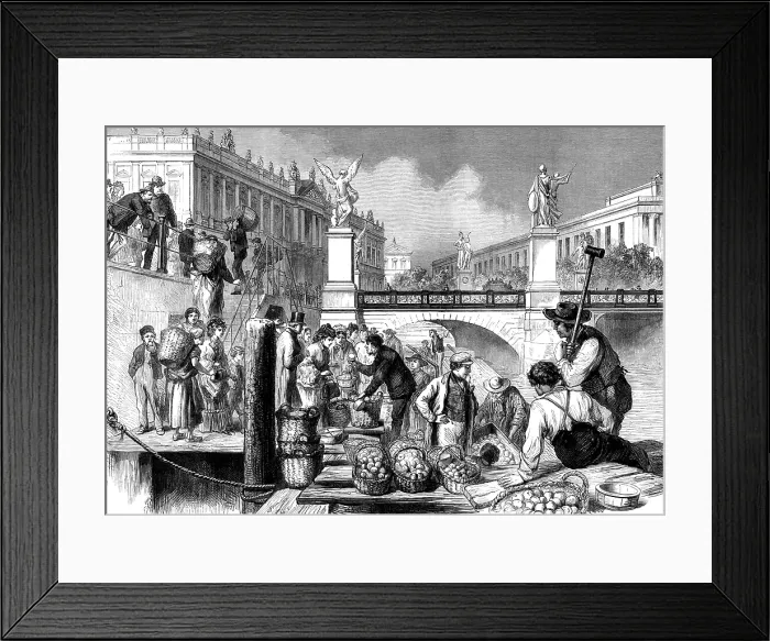 Framed Print : Unlading fruit-boats in Berlin, 1873. Creator: Unknown Framed Print : Unlading fruit-boats in Berlin, 1873. Creator: Unknown