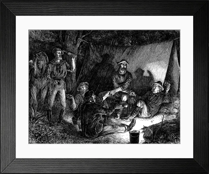 Framed Print : Australian diggers keeping Christmas Eve - Auld Lang Syne'; drawn by W. Ralston, 1873. Creator: Joseph Swain Framed Print : Australian diggers keeping Christmas Eve - Auld Lang Syne'; drawn by W. Ralston, 1873. Creator: Joseph Swain