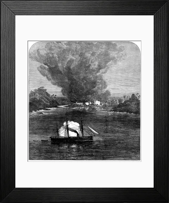 Framed Print : The War on the Gold Coast: H.M.S. Druid destroying the village of Aguidah, 1873. Creator: William James Palmer Framed Print : The War on the Gold Coast: H.M.S. Druid destroying the village of Aguidah, 1873. Creator: William James Palmer