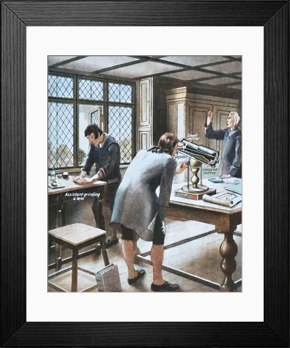 Framed Print : Newton Invents a New Telescope, c1934. Creator: Unknown. Newton Invents a New Telescope, c1934. Creator: Unknown Framed Print : Newton Invents a New Telescope, c1934. Creator: Unknown. Newton Invents a New Telescope, c1934. Creator: Unknown