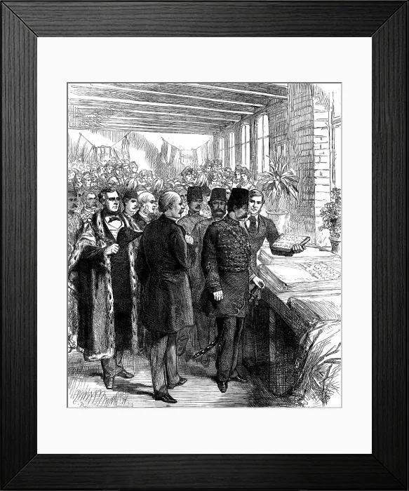 Framed Print : The Shah at Manchester: inspecting a piece of calico printed with Persian words of welcome, 1873. Creator: Unknown Framed Print : The Shah at Manchester: inspecting a piece of calico printed with Persian words of welcome, 1873. Creator: Unknown