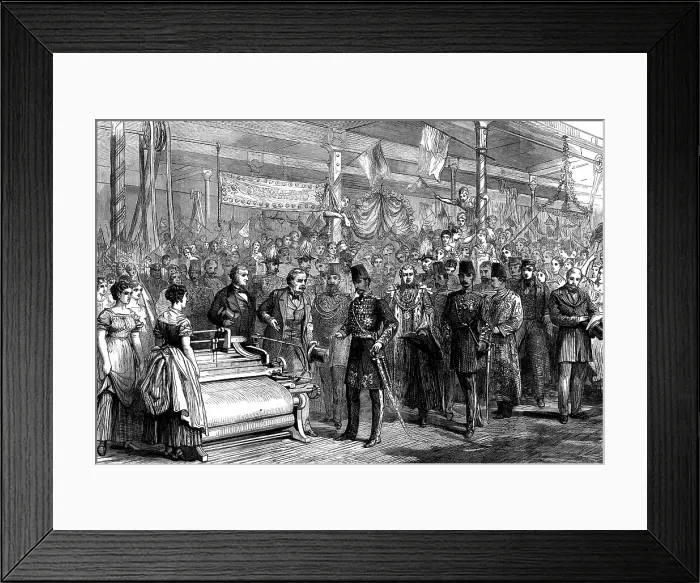 Framed Print : The Shah in the weaving-room at Haworth's Mills, Manchester, 1873. Creator: Unknown. The Shah in the weaving-room at Haworth's Mills, Manchester, 1873. Creator: Unknown Framed Print : The Shah in the weaving-room at Haworth's Mills, Manchester, 1873. Creator: Unknown. The Shah in the weaving-room at Haworth's Mills, Manchester, 1873. Creator: Unknown