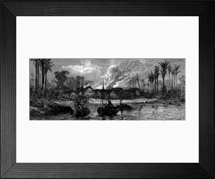 Framed Print : An East African slave-trading village destroyed by the boats of H.M.S Briton and Daphne, 1873. Creator: Unknown Framed Print : An East African slave-trading village destroyed by the boats of H.M.S Briton and Daphne, 1873. Creator: Unknown