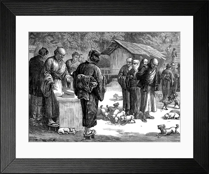 Framed Print : Sketches in Japan: feeding puppy-dogs at the Buddhist Temple of Oyama, 1873. Creator: Unknown Framed Print : Sketches in Japan: feeding puppy-dogs at the Buddhist Temple of Oyama, 1873. Creator: Unknown