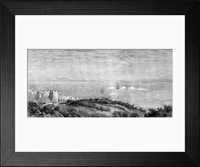 Framed Print : Tangier Bay, Morocco: H.M.S. Aurora firing a salute in honour of the new emperor, 1873. Creator: Unknown Framed Print : Tangier Bay, Morocco: H.M.S. Aurora firing a salute in honour of the new emperor, 1873. Creator: Unknown