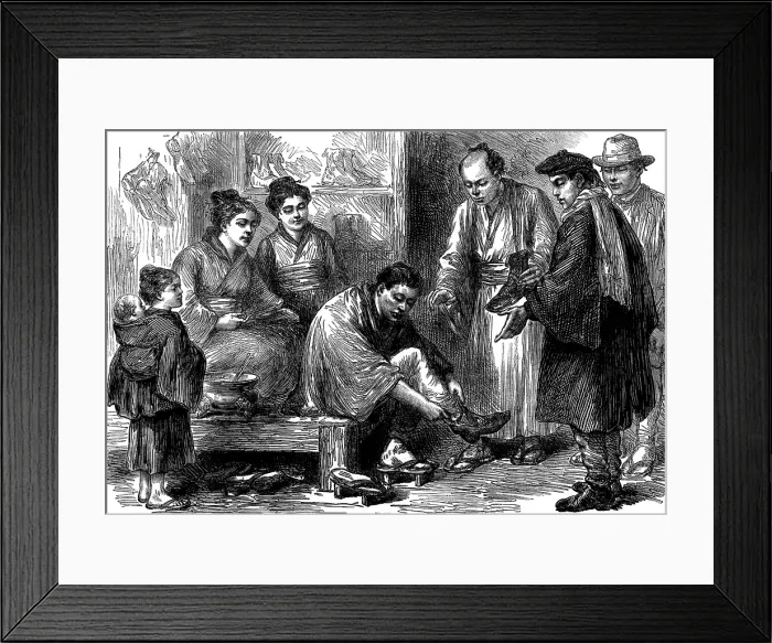 Framed Print : Sketches in Japan, by our special artist: the first pair of boots, 1873. Creator: Unknown Framed Print : Sketches in Japan, by our special artist: the first pair of boots, 1873. Creator: Unknown