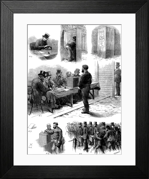 Framed Print : Vote by ballot: sketches at the Taunton Election, 1873. Creator: Unknown Framed Print : Vote by ballot: sketches at the Taunton Election, 1873. Creator: Unknown