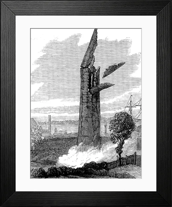 Framed Print : Demolition by gun-cotton of a chimney at North Fleet, 1873. Creator: Unknown Framed Print : Demolition by gun-cotton of a chimney at North Fleet, 1873. Creator: Unknown