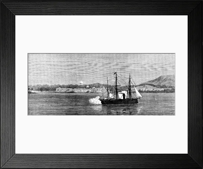 Framed Print : H.M.S. Niobe bombarding San Fernando Castle, Omoa, 1873. Creator: Unknown Framed Print : H.M.S. Niobe bombarding San Fernando Castle, Omoa, 1873. Creator: Unknown
