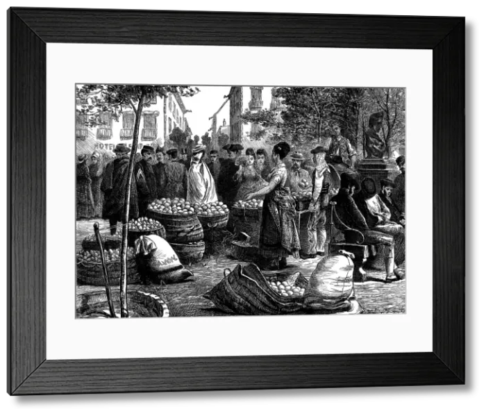Framed Print : Spanish Sketches: the fruit market, Malaga, 1873. Creator: Unknown Framed Print : Spanish Sketches: the fruit market, Malaga, 1873. Creator: Unknown