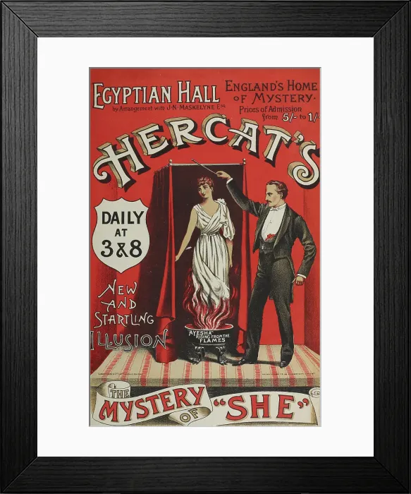 Framed Print : Hercat's New and Startling Illusion, The Mystery of She at the Egyptian Hall... 1886. Creator: Unknown. Hercat's New and Startling Illusion, The Mystery of She at the Egyptian Hall... 1886. Creator: Unknown Framed Print : Hercat's New and Startling Illusion, The Mystery of She at the Egyptian Hall... 1886. Creator: Unknown. Hercat's New and Startling Illusion, The Mystery of She at the Egyptian Hall... 1886. Creator: Unknown