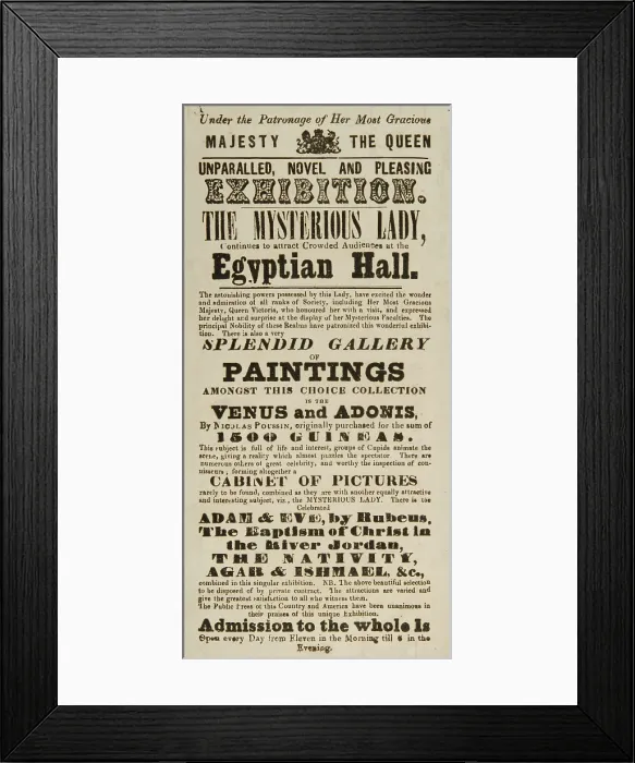 Framed Print : The Mysterious Lady, at the Egyptian Hall, 1845. Creator: Unknown Framed Print : The Mysterious Lady, at the Egyptian Hall, 1845. Creator: Unknown