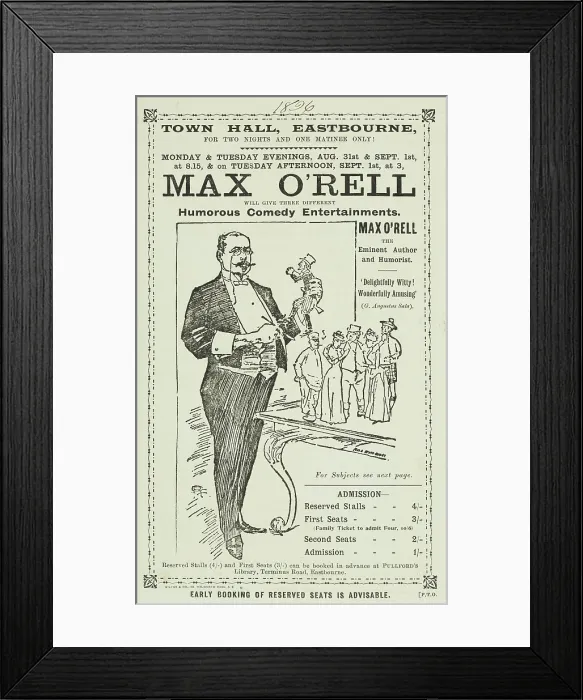 Framed Print : Max O'Rell will give Three Different Humorous Comedy Entertainments, 1896. Creator: Unknown. Max O'Rell will give Three Different Humorous Comedy Entertainments, 1896 Framed Print : Max O'Rell will give Three Different Humorous Comedy Entertainments, 1896. Creator: Unknown. Max O'Rell will give Three Different Humorous Comedy Entertainments, 1896