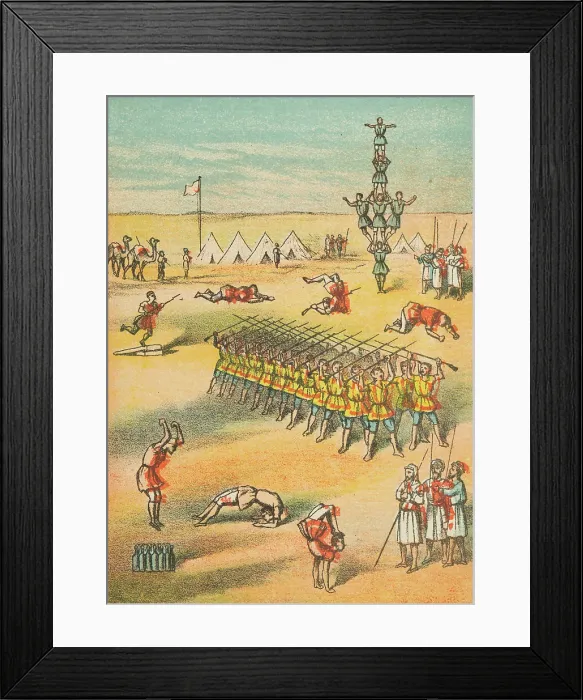 Framed Print : Desert scene with acrobats, soldiers, camels and tents, 19th century. Creator: Unknown Framed Print : Desert scene with acrobats, soldiers, camels and tents, 19th century. Creator: Unknown
